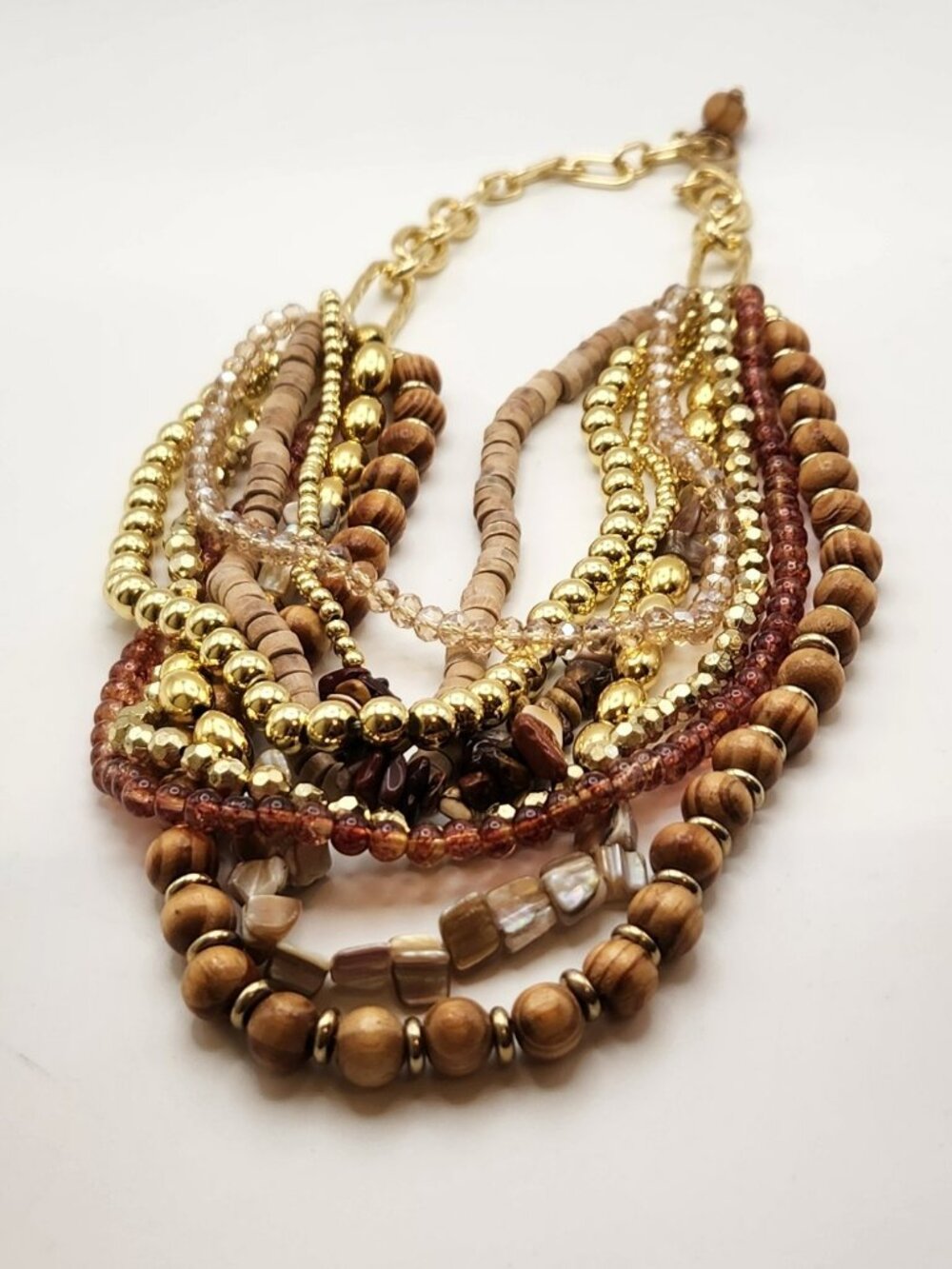 Boho necklace neutral colors gold tone hardware multi strand NIP